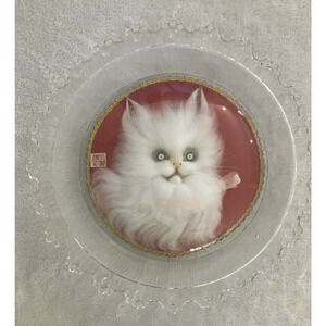 Vintage Cat 3D Wall Art Hanging Kitschy Domed Bubble Glass White Kitten Plate